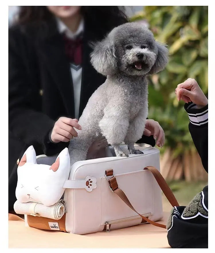 Beige hard-sided outdoor pet carrier with EPE padding, dimensions 43x25x22.5 cm