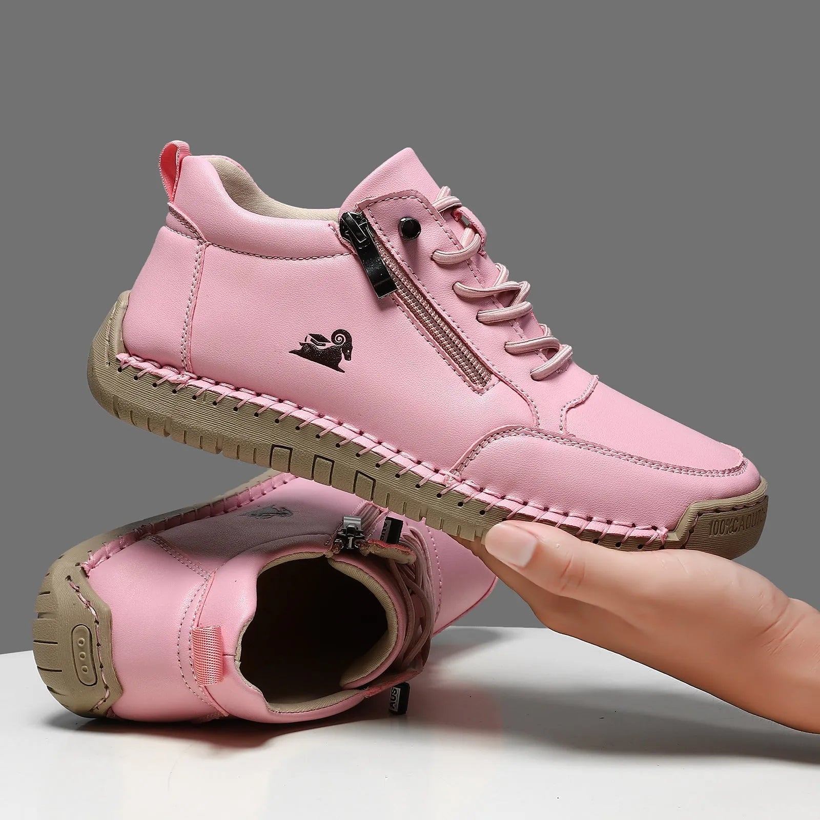 Women's hand-stitched flat shoes with microfiber upper, rubber sole, round toe, front lace-up, solid colour design