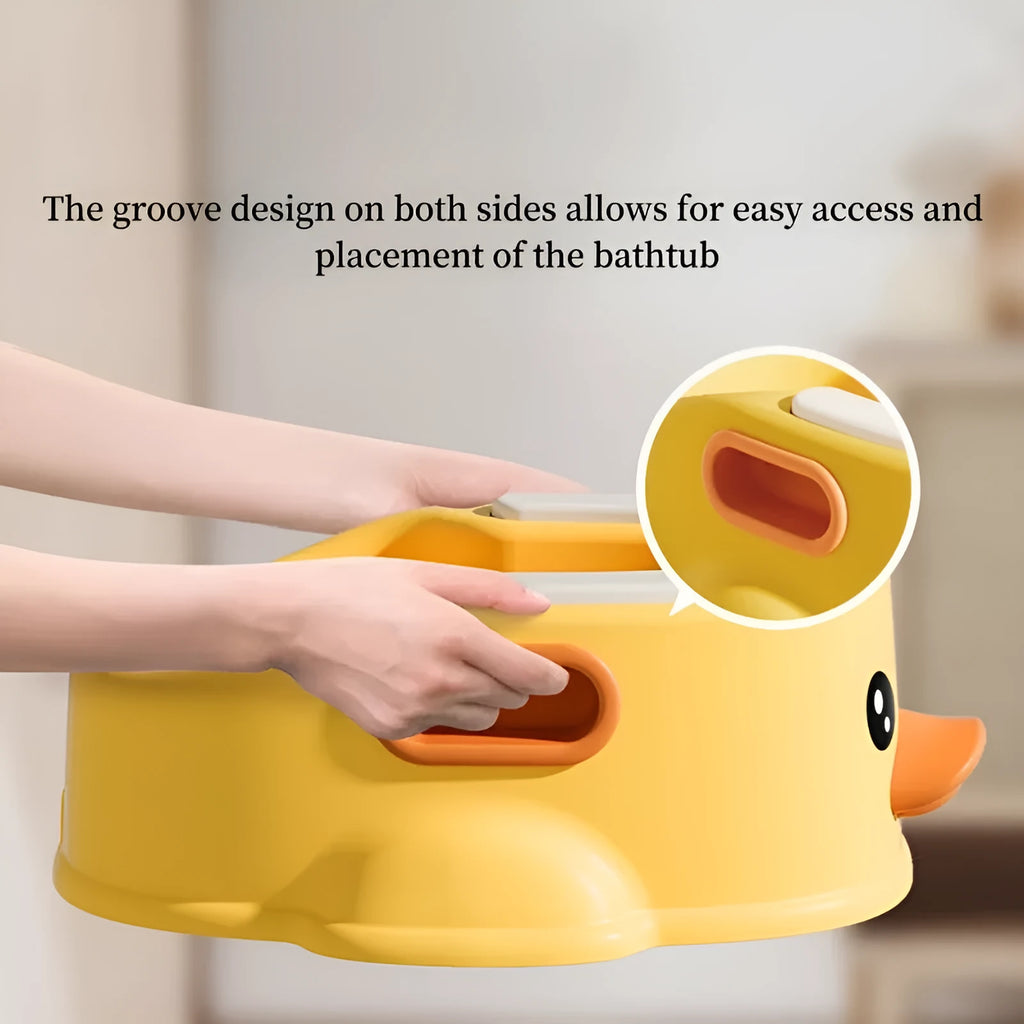 Blue PVC duck-shaped bathtub for washing dogs and cats on a bathroom floor.