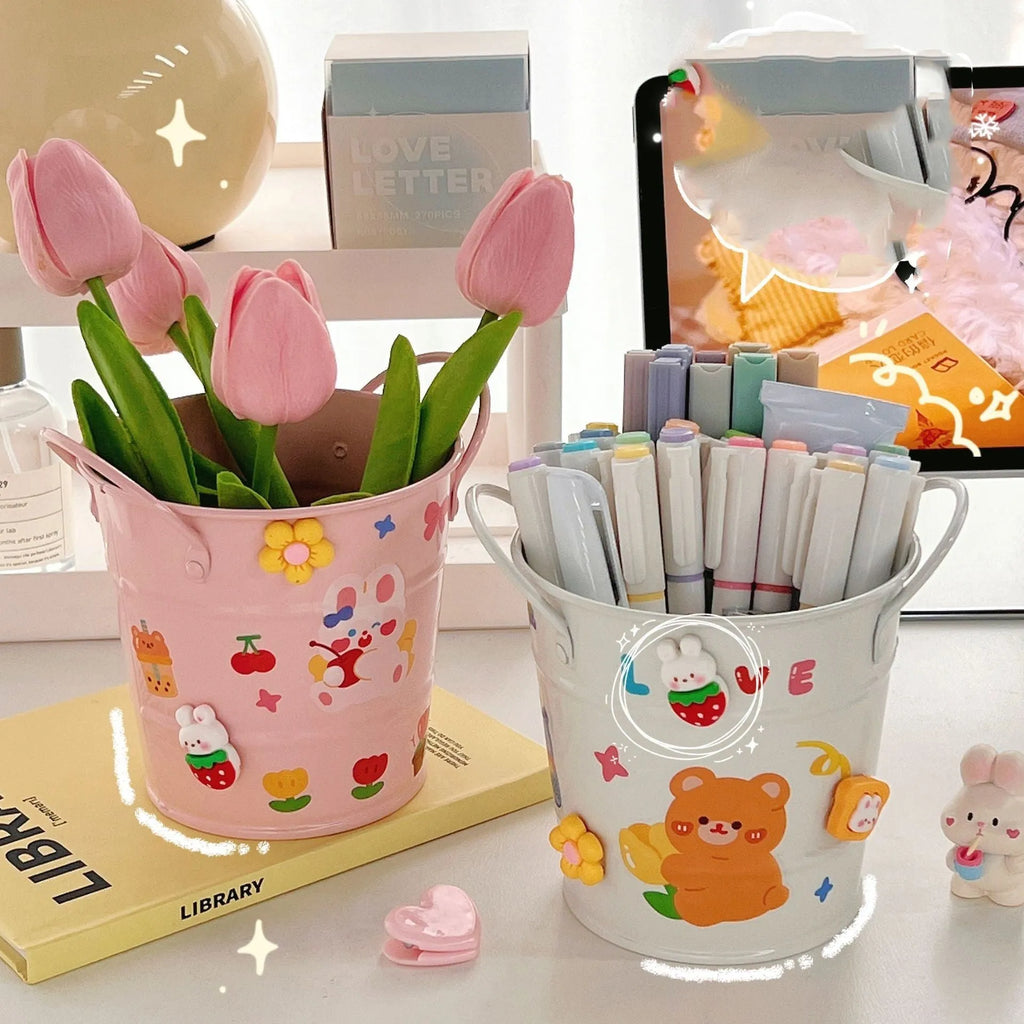 Round metal desk pen holder in various colours with decorative design