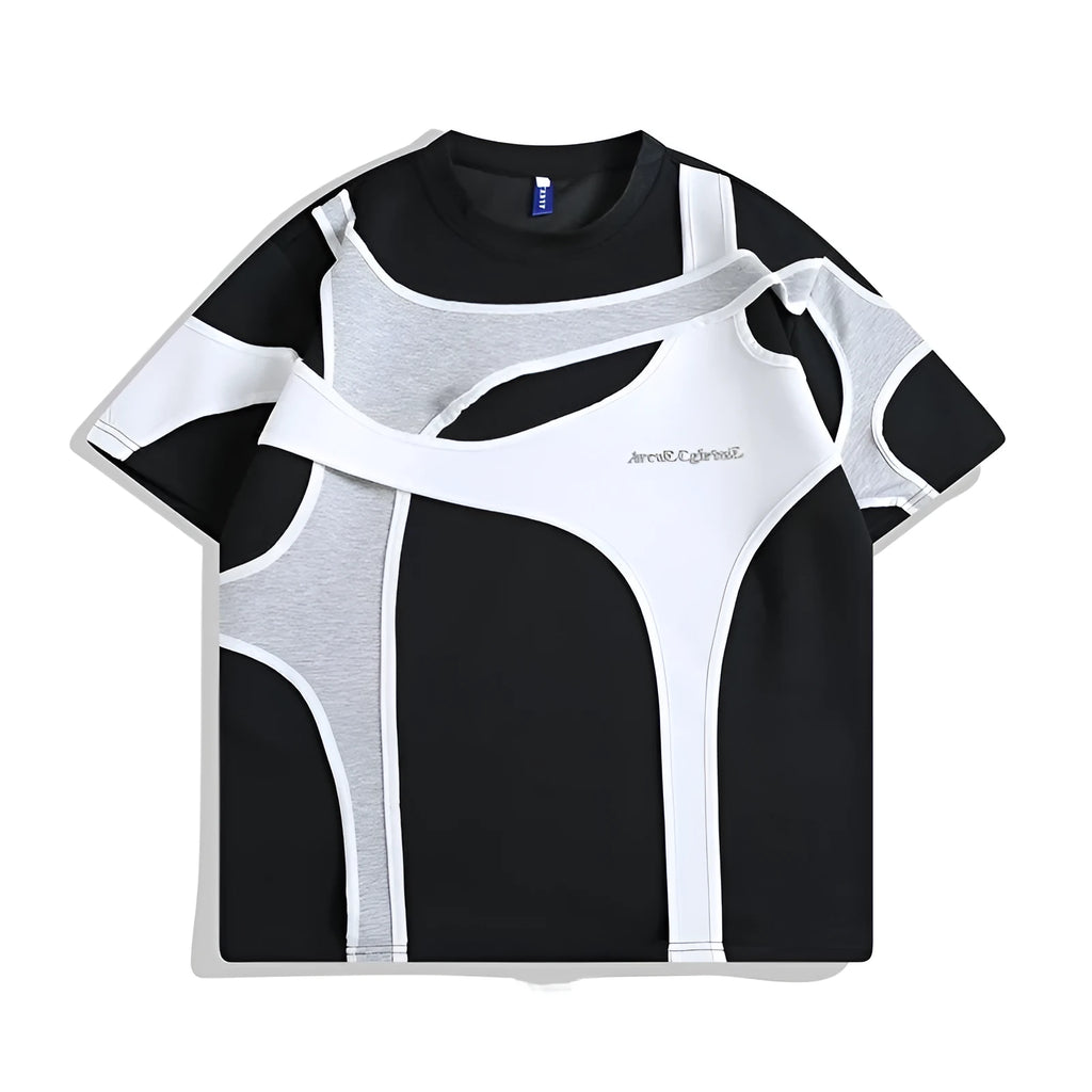 Loose fit black short sleeve T-shirt showing detail of double-layer stitched padded shoulder strap.
