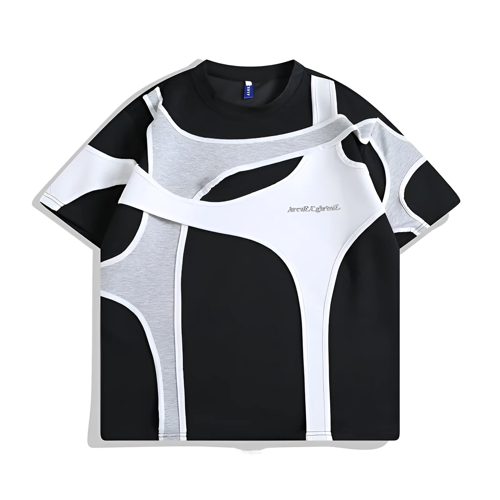 Loose fit black short sleeve T-shirt showing detail of double-layer stitched padded shoulder strap.