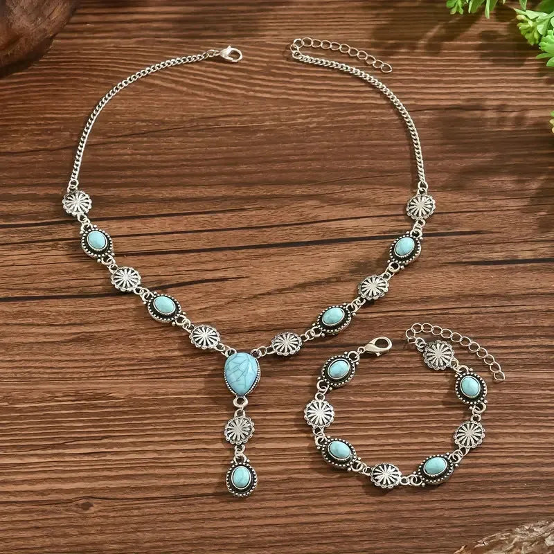 Alloy geometric retro jewellery set with grid pattern earrings necklace bracelet