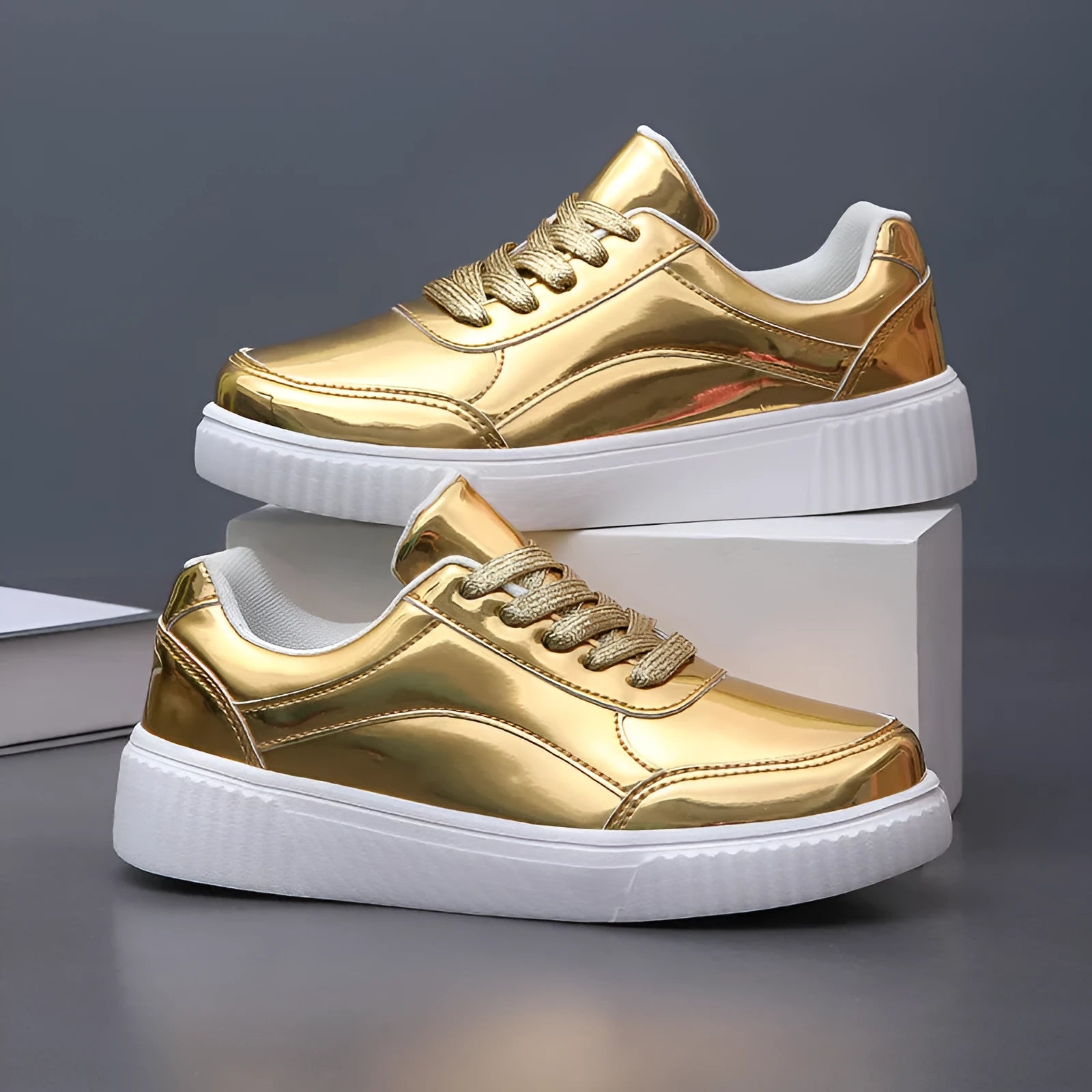 Unisex rose gold sequin platform sneakers with thick sole and round toe.