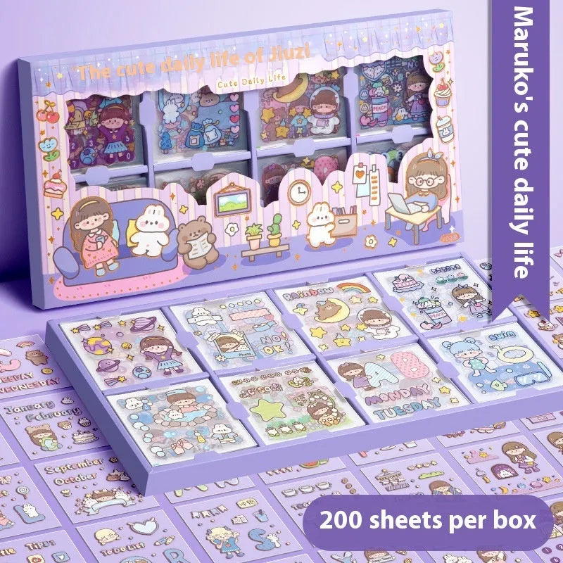 Box of colourful children's stickers with five different design themes for craft projects