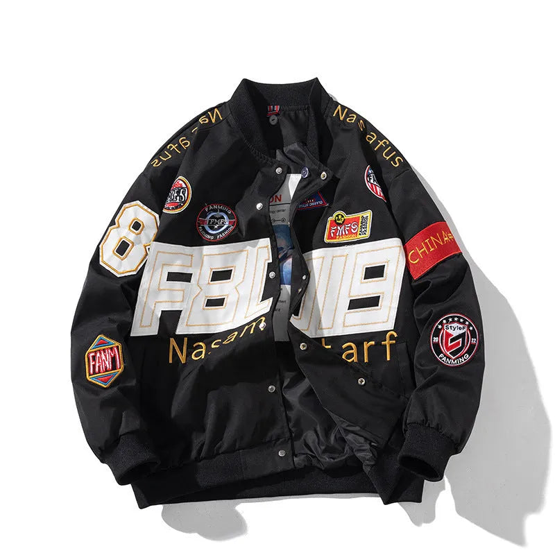 Black American motorcycle baseball uniform with removable hood for couples in autumn winter style