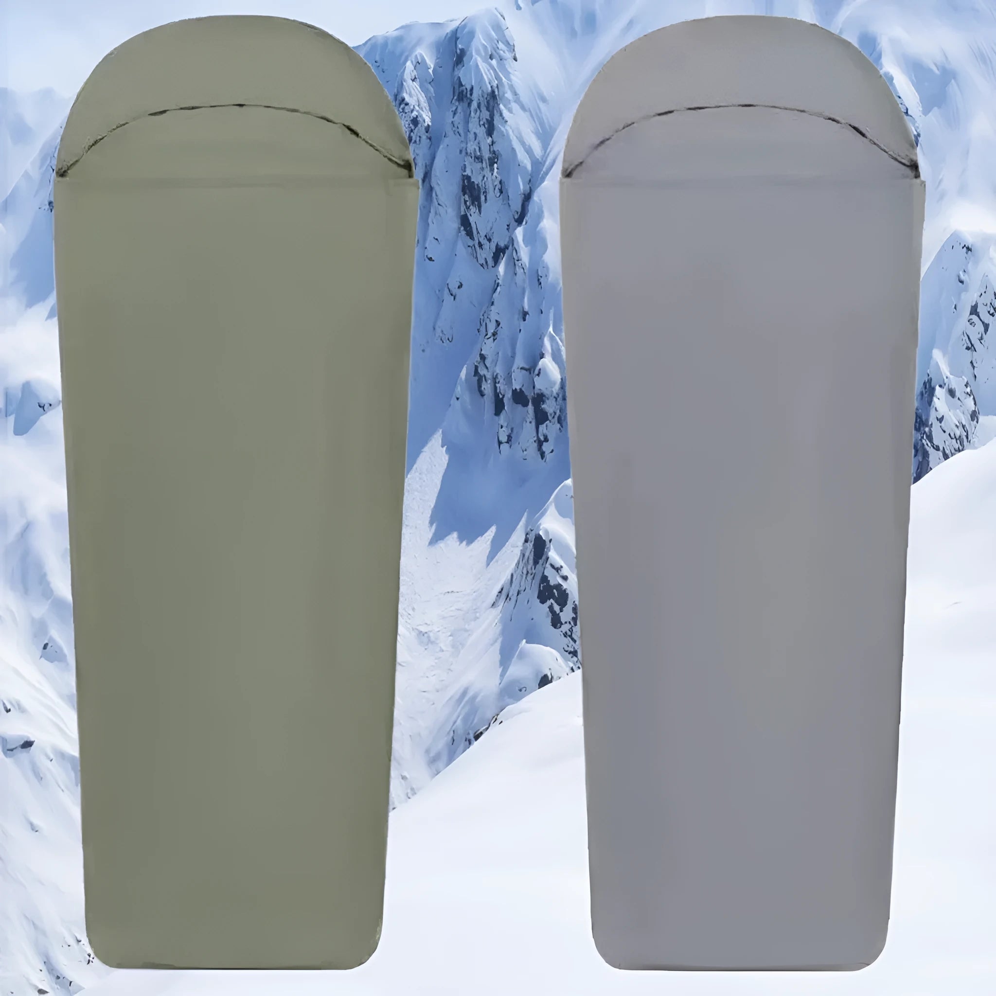 Blue mummy-type camping sleeping bag with nylon fabric shown packed and unpacked