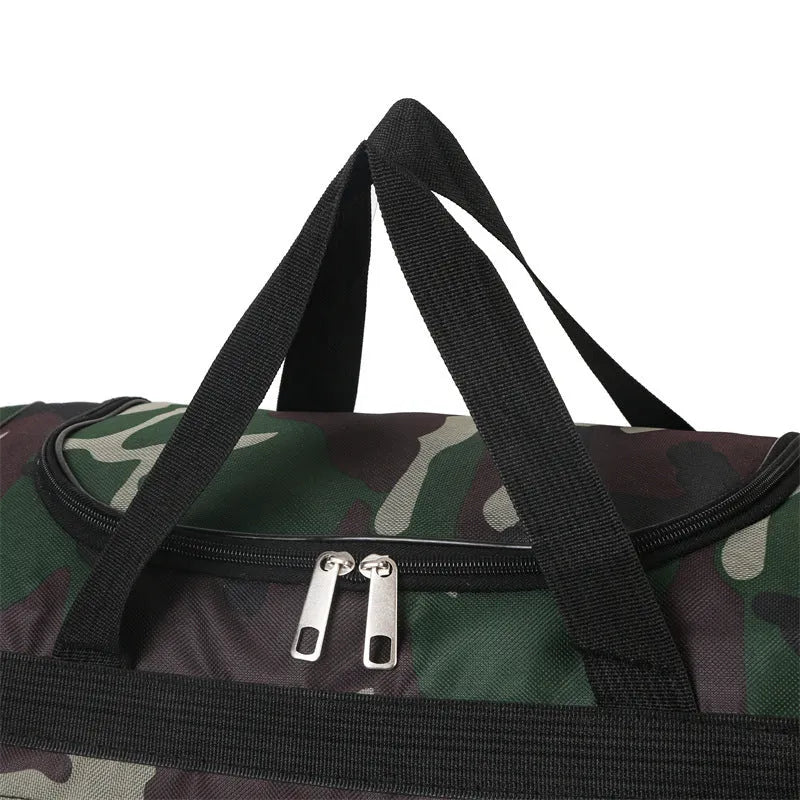 Camouflage coloured waterproof luggage bag with striped interior
