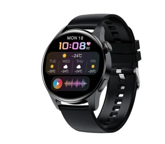 Round screen smartwatch with silicone strap showing heart rate and call functions on display.