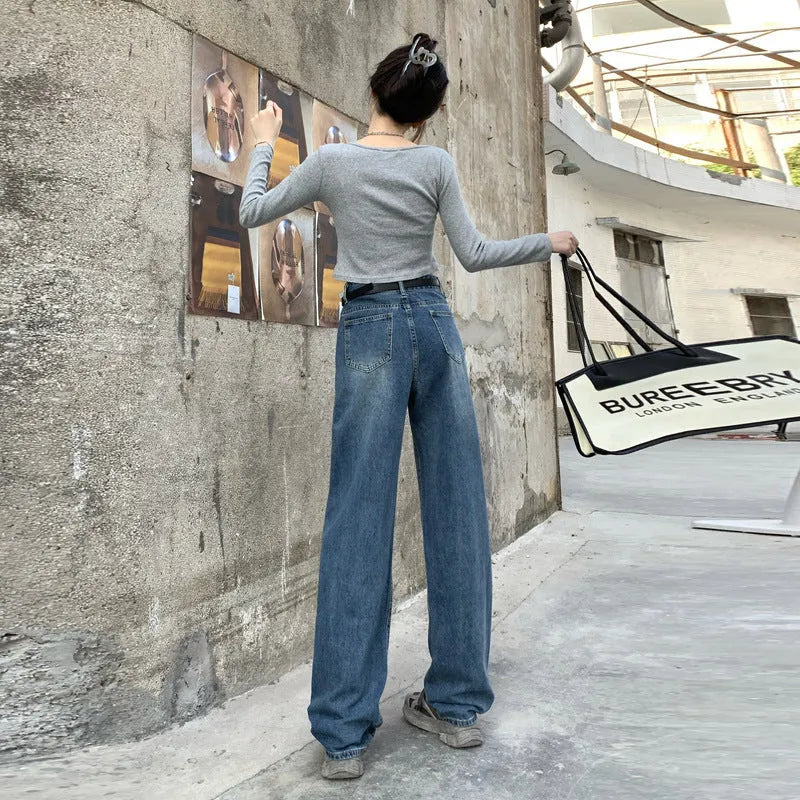 Women's high-waisted straight leg jeans in retro blue denim, shown in cropped and full-length styles.