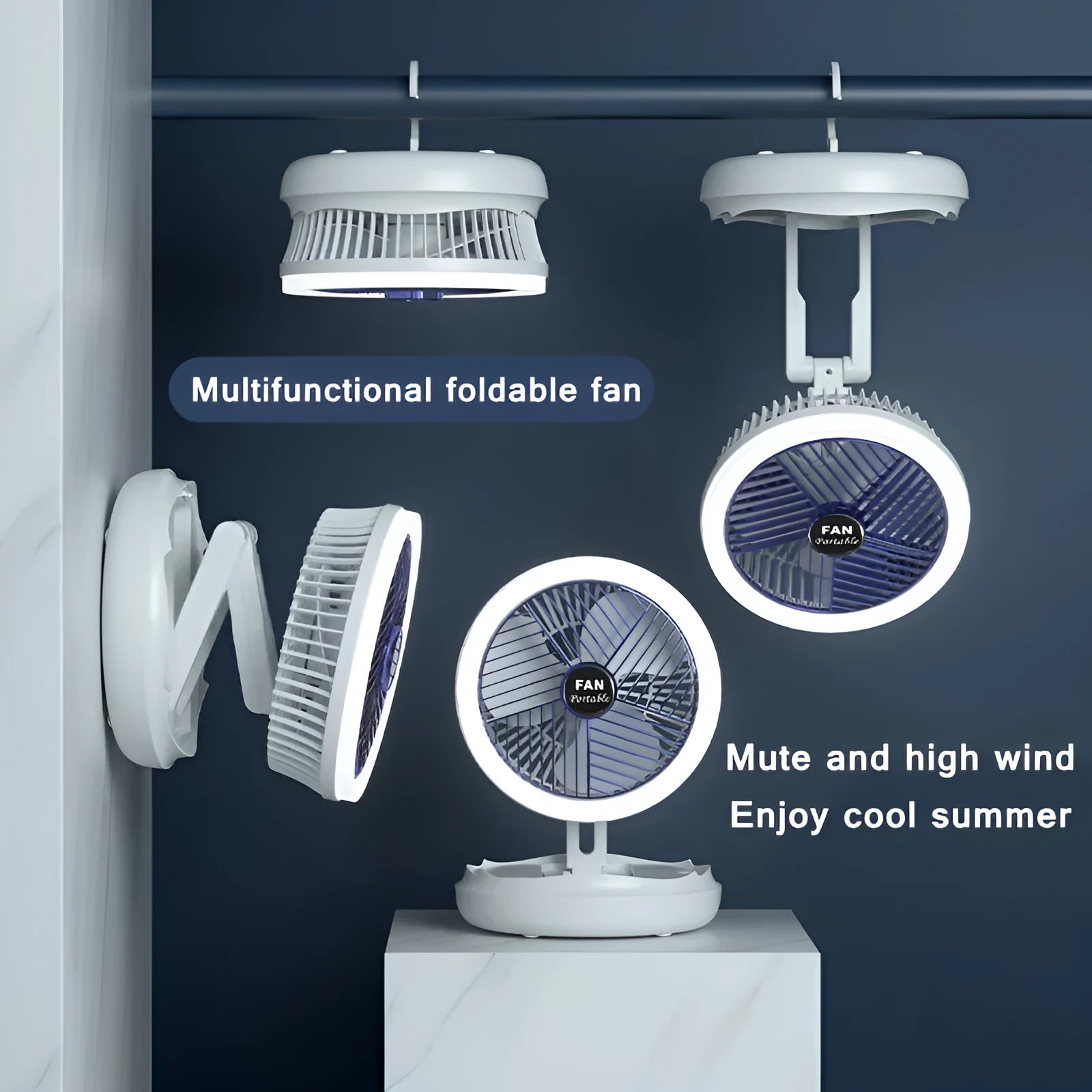 Blue or grey foldable USB fan with LED light showing 300° rotation and multiple mounting options