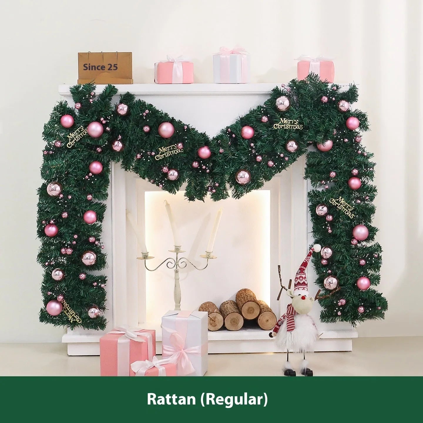 A 2.7-metre long pink Christmas rattan decoration with 240 small decorative heads, styled in a South Korea aesthetic.