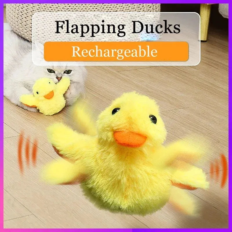 Yellow flapping duck cat toy with USB charging cable and removable plush cover