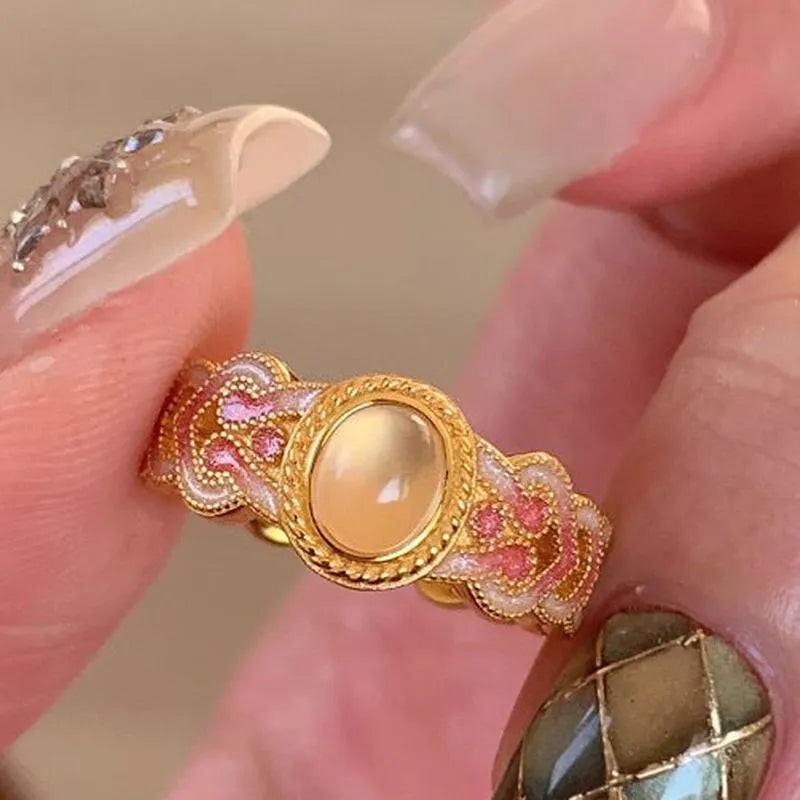 Pink crystal enamel open ring for women with geometric shape on copper gold plating