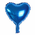 Five peach heart-shaped aluminium balloons in sparkling metallic colours: red, blue, rose, and silver.