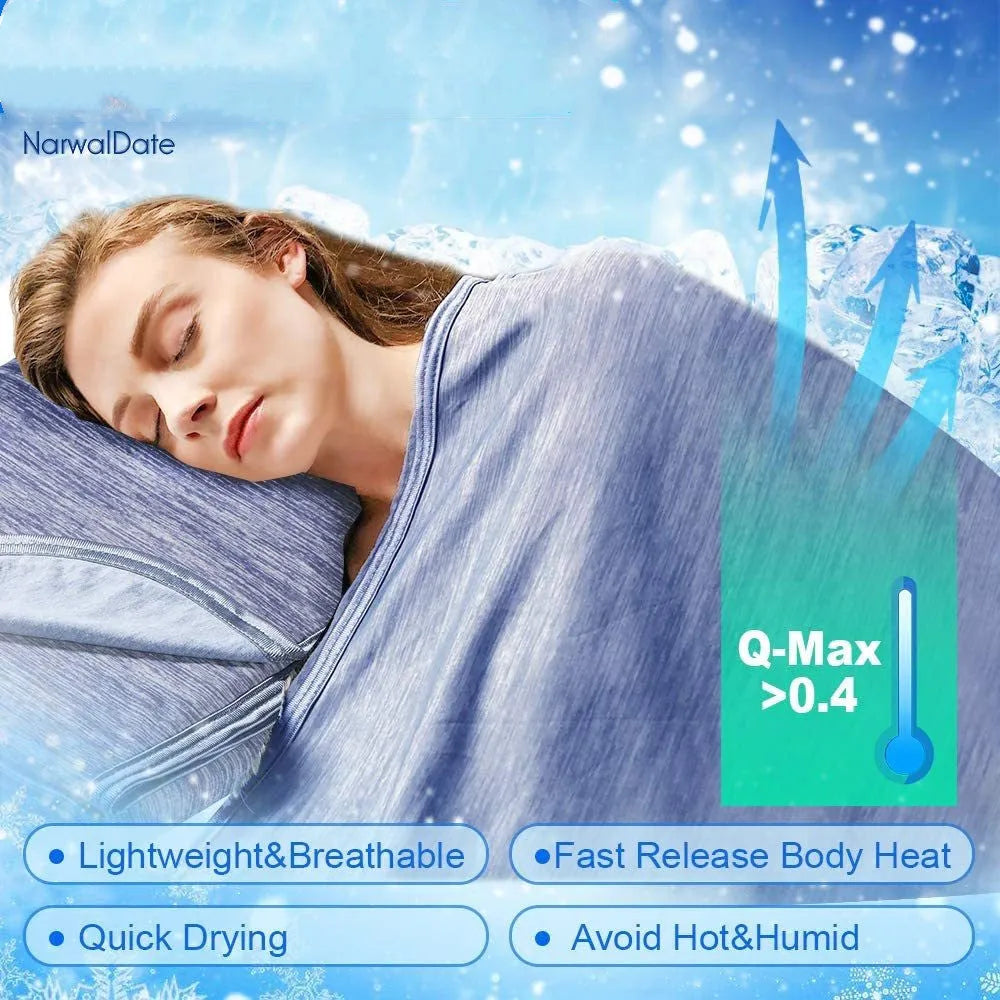 Blue and grey cooling blanket with Japanese Q-Max fibres on a bed.