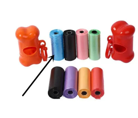 Roll of coloured disposable pet waste bags showing black, blue, green, light blue, pink, and purple options.