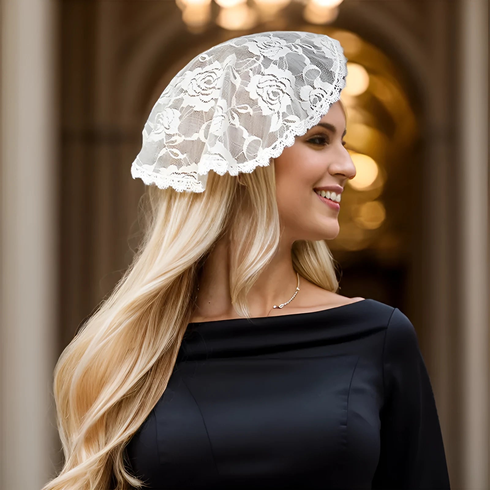 Round white floral bridal head cover decoration accessory on a 30cm background.