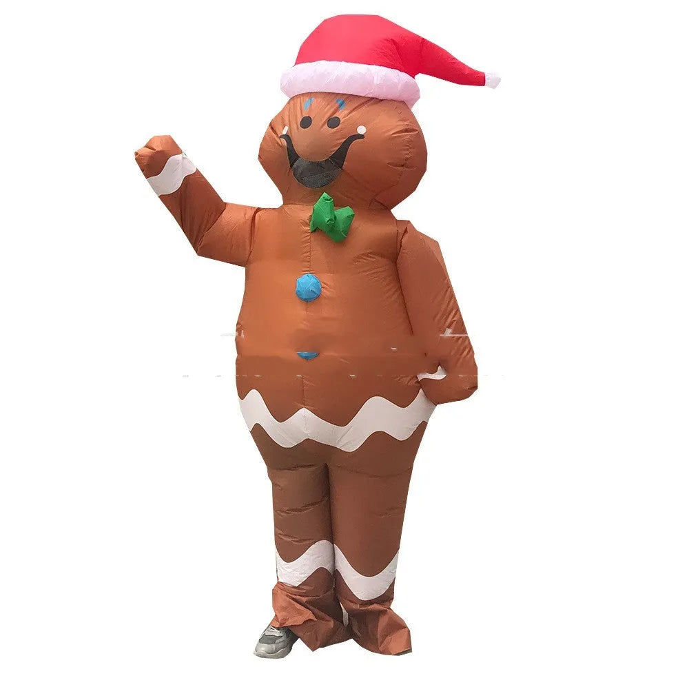 Christmas inflatable costume suit for adults showing cloth construction with fan and battery box
