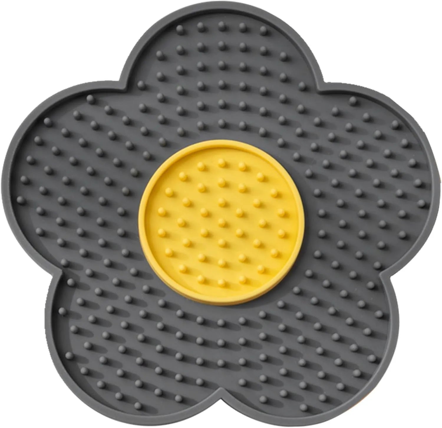 Flower-shaped silicone lick pad for cats and dogs with multiple suction cups on the back, shown in a choice of colours.