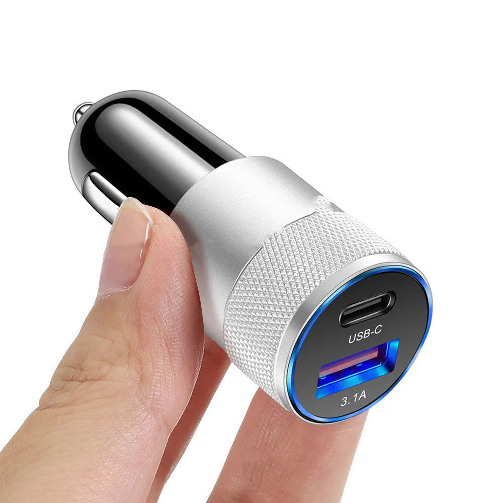 Aluminium alloy dual USB car charger for vehicle 12V sockets with compact 2.5x6cm dimensions