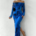 Women's pleated mesh fishtail dress with gradient colour print and a square collar.