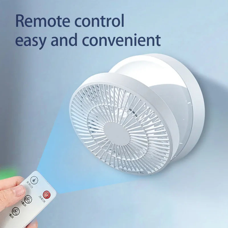 White portable electric fan with remote control showing folded design and night light function