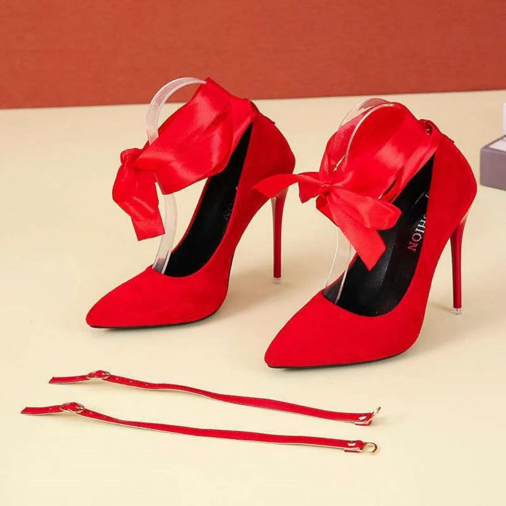 Women's black pointed toe stiletto pumps with shallow mouth design and fabric strap