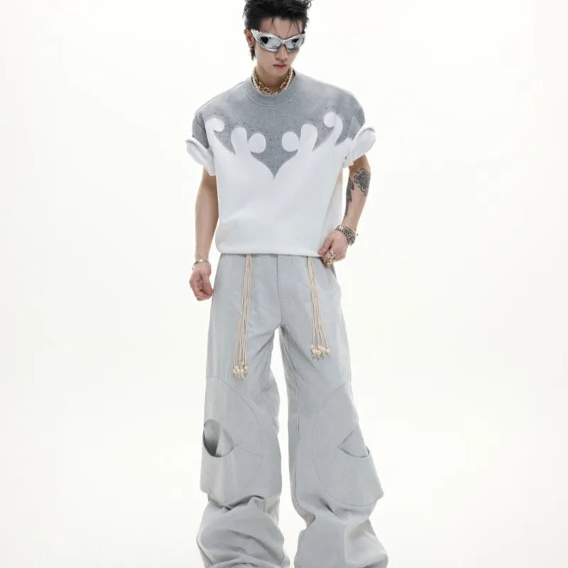 Men's grey t-shirt with 3D stitching and burnt flower rhinestone design on heavy cotton fabric
