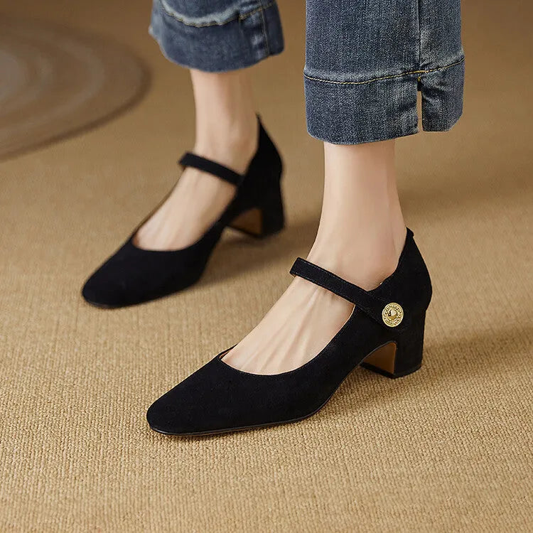 Mary Jane season chunky heel pumps women's shallow mouth square toe suede black green