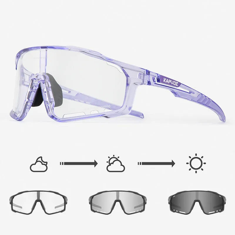 Photochromic cycling sports goggles with TR90 frame and semi-rimless design shown in multiple colour options.