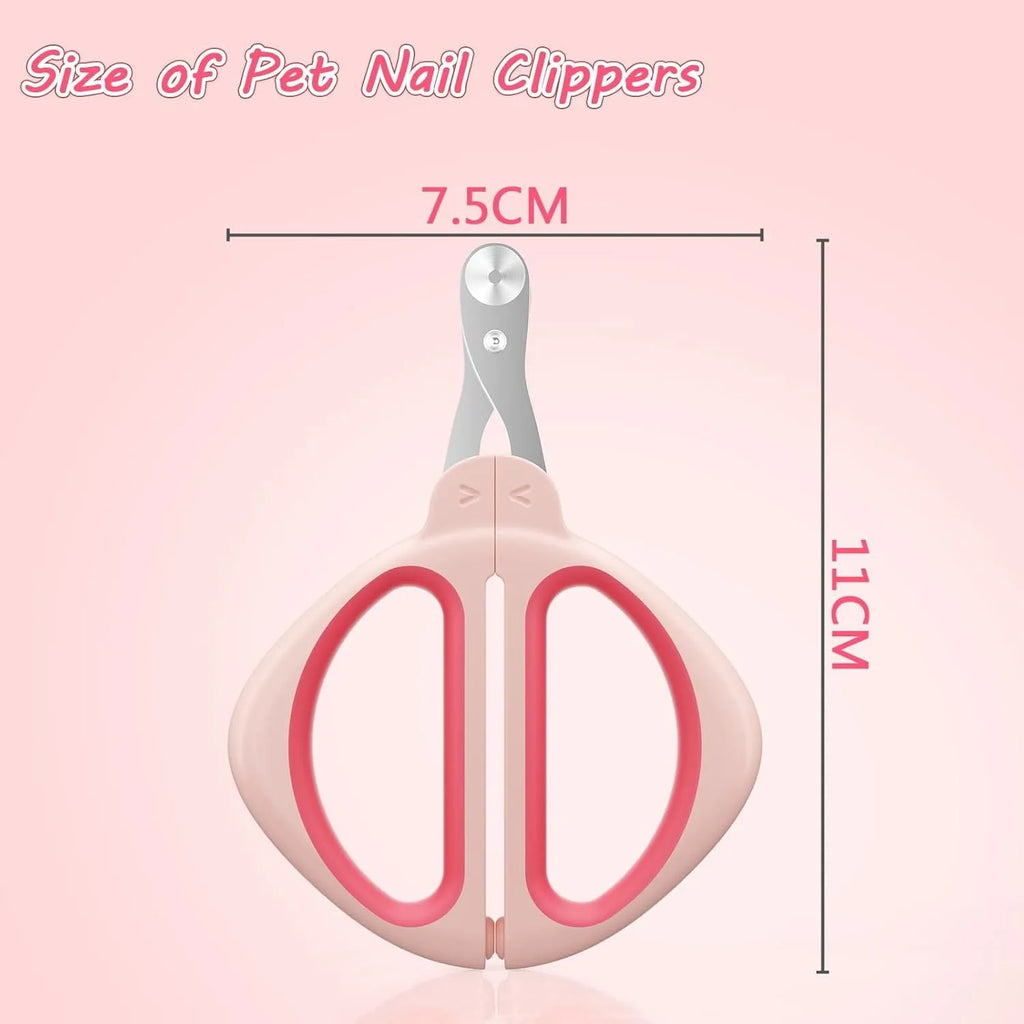 Close-up of a pink pet nail clipper showing the round positioning hole and stainless steel blade.