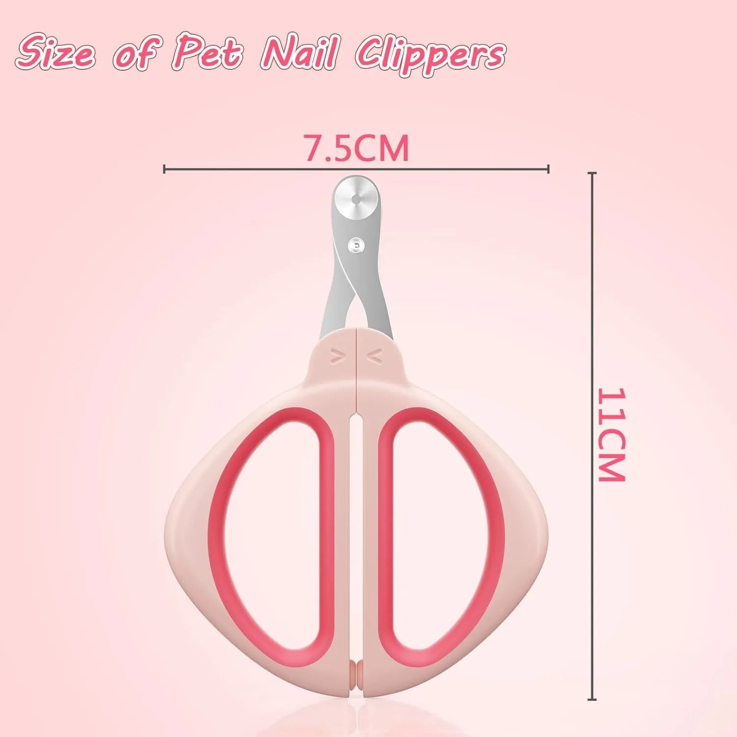 Close-up of a pink pet nail clipper showing the round positioning hole and stainless steel blade.