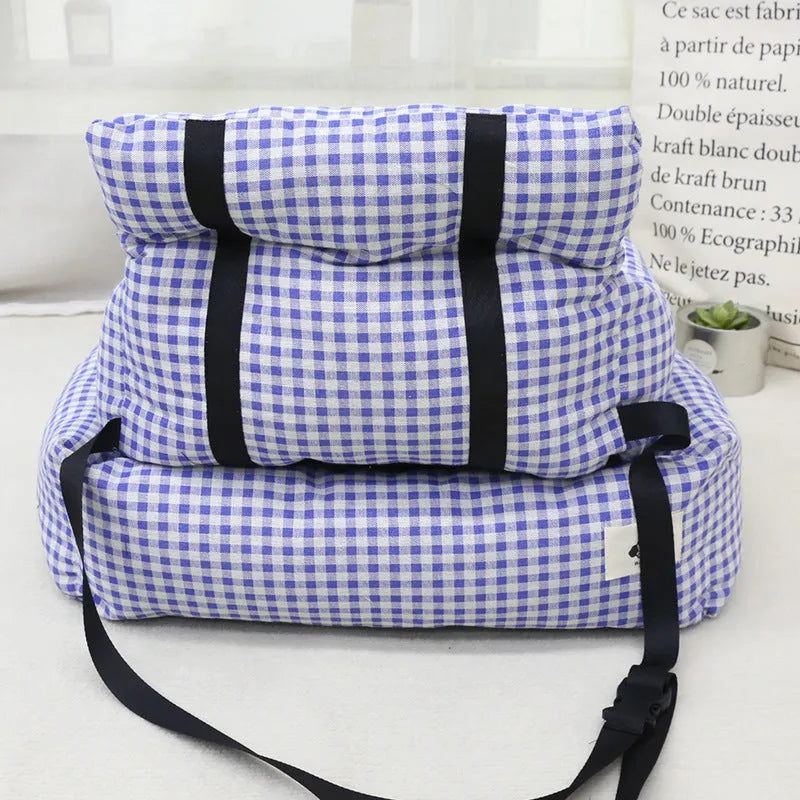 Car-mounted pet travel nest in stain-resistant cloth, showing grey and blue plaid options with size dimensions