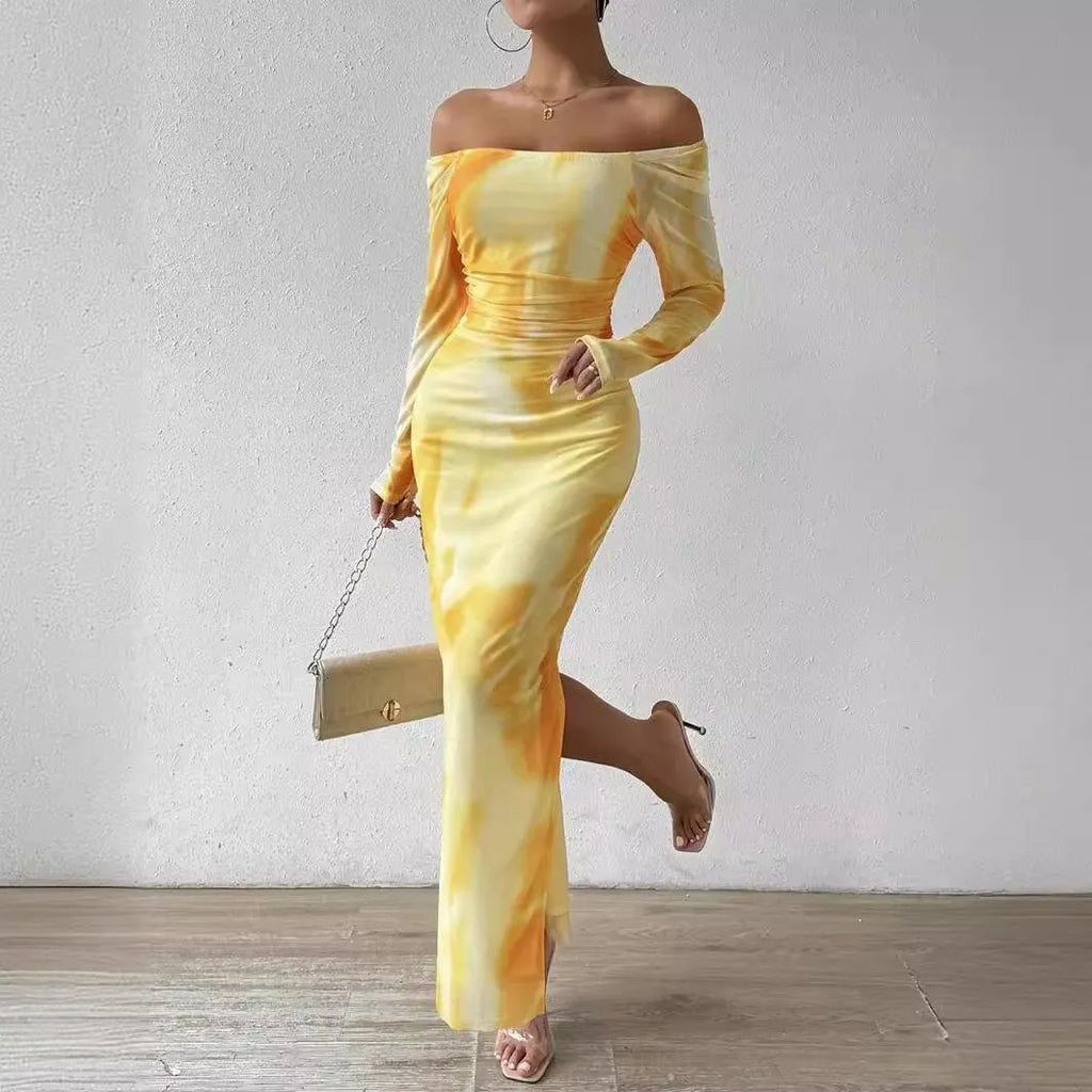 Women's pleated mesh fishtail dress with gradient colour print and a square collar.