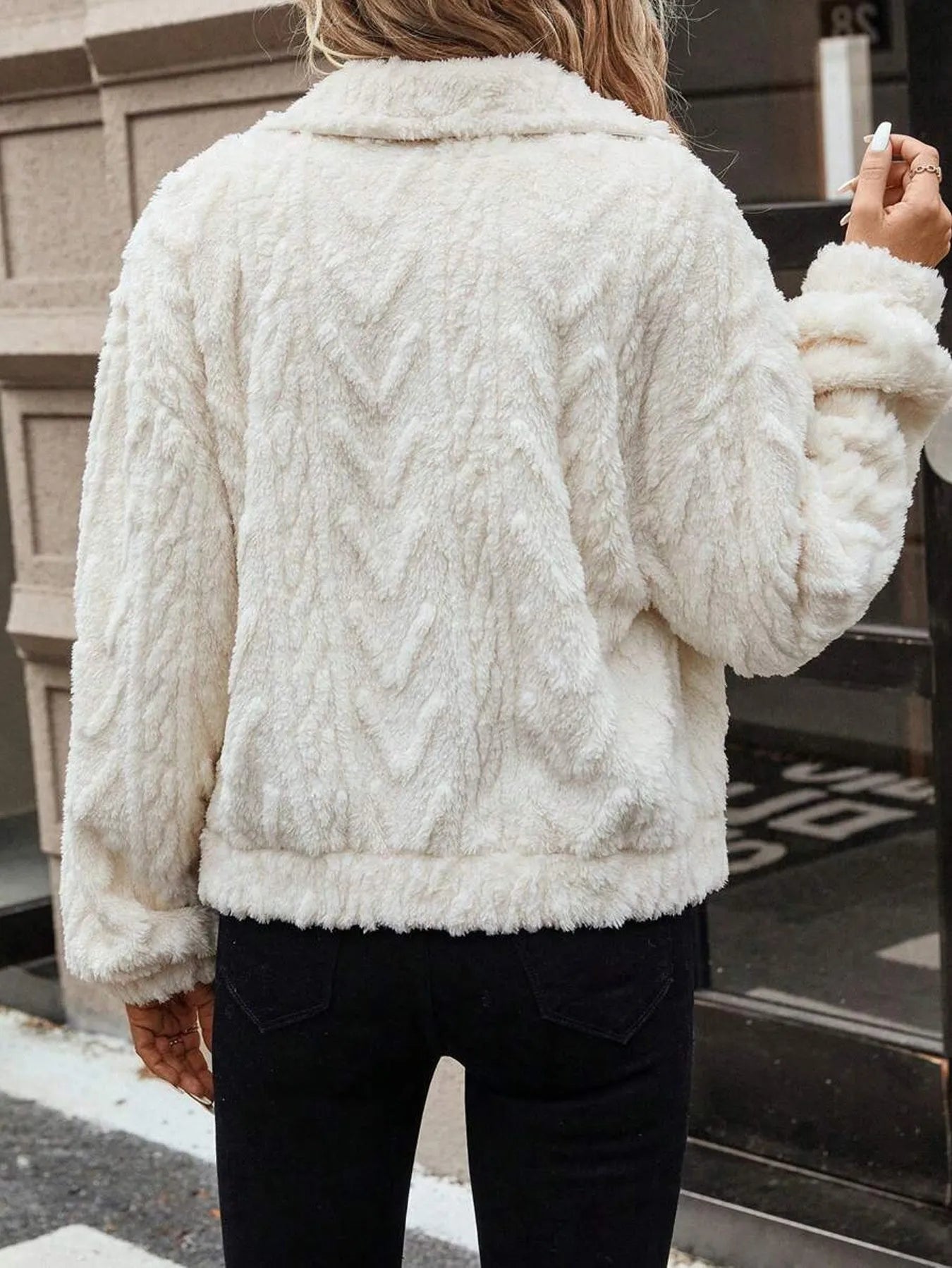 Women's ivory white double-sided plush cardigan with button front in regular fit