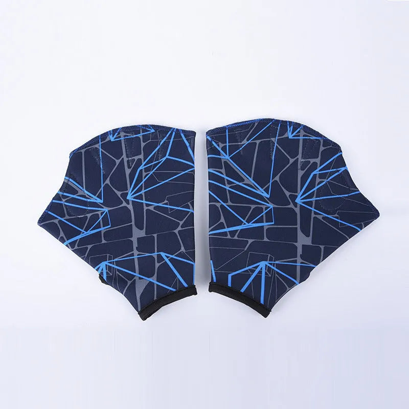 Webbed duck feet swimming gloves in nylon material showing colour variations and sizing options