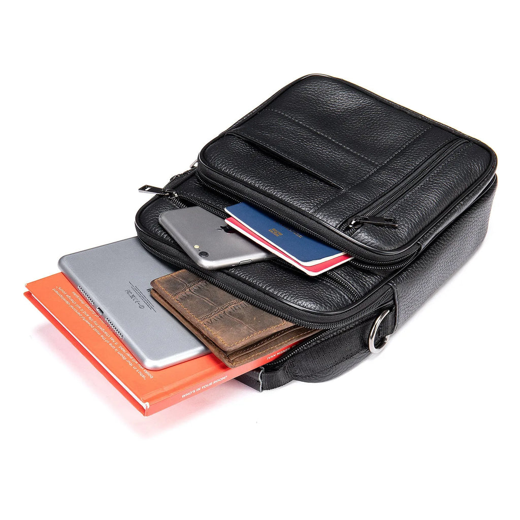 Men's vintage genuine leather cowhide shoulder bag in vertical square shape with zipper opening