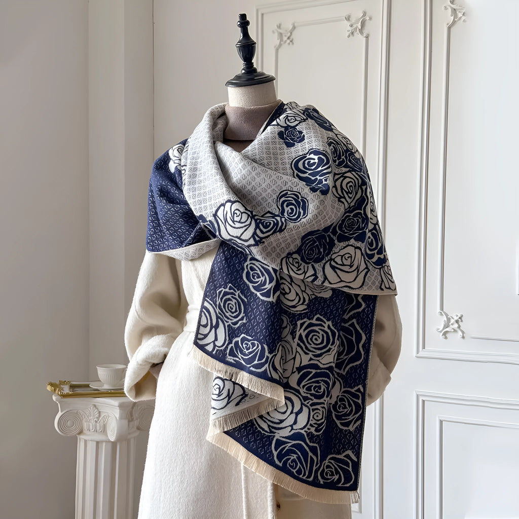 Long grey imitation cashmere winter scarf with tassels, shown draped