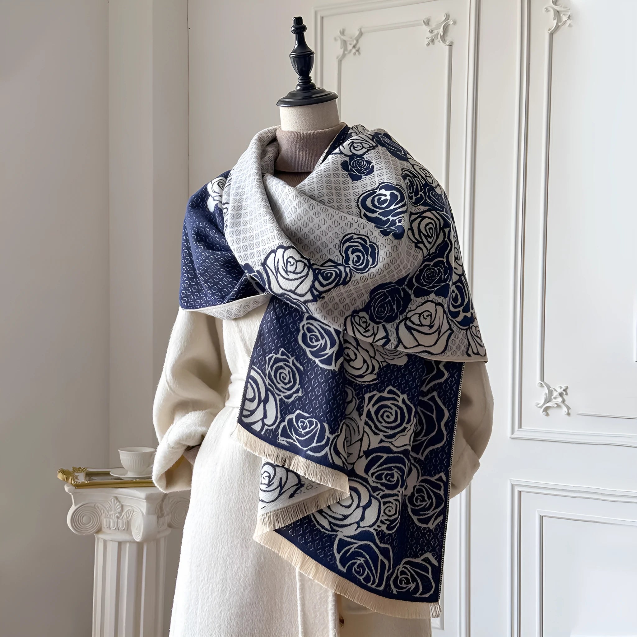 Long grey imitation cashmere winter scarf with tassels, shown draped