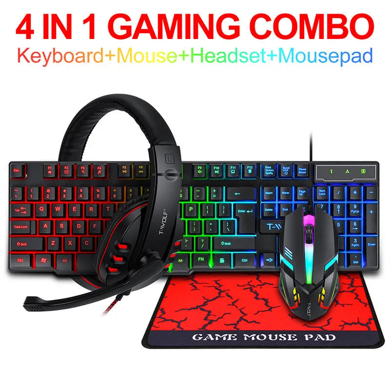 Wired USB keyboard and mouse bundle with gaming headset and mouse pad on desktop