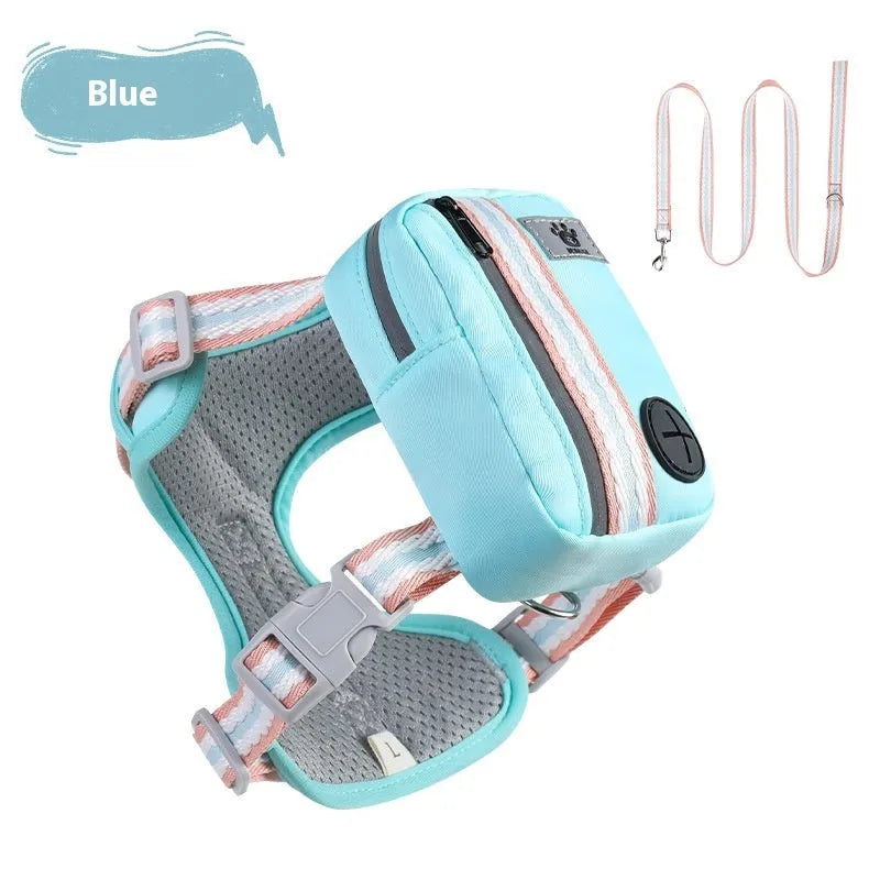 Explosion-proof anti-strangulation pet harness with traction rope in green, blue, pink, or yellow