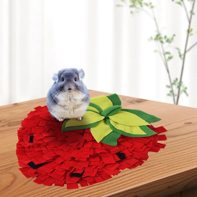 Red and green strawberry-shaped pet slow feeder mat with hiding spots measuring 45x35 cm