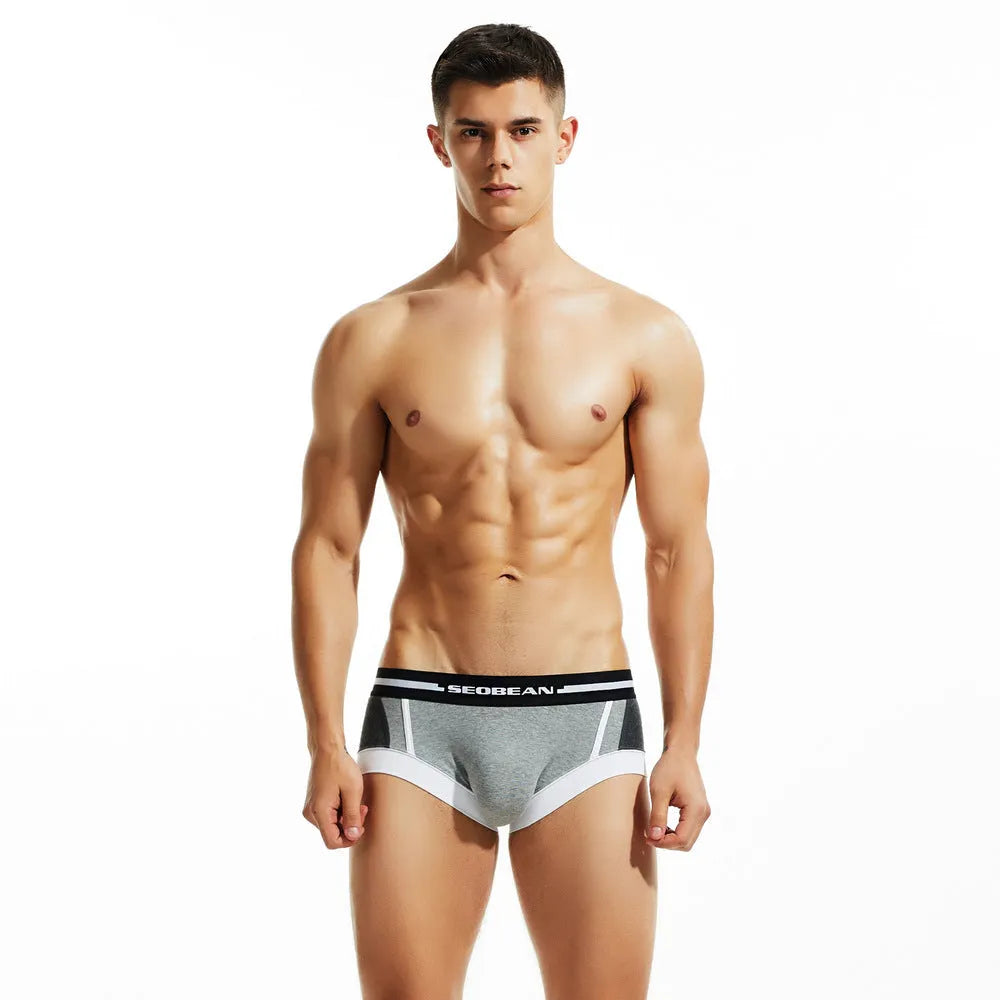 Men's cotton boxer shorts in red, dark blue, and light grey showing low waist design.