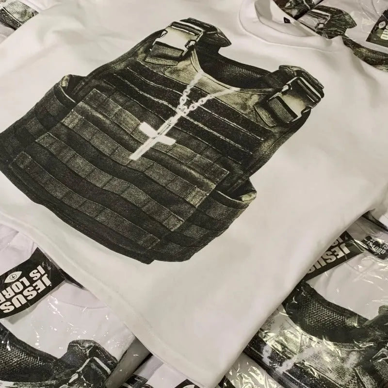 Printed cotton short sleeve T-shirt in retro street style with drop-shoulder sleeves