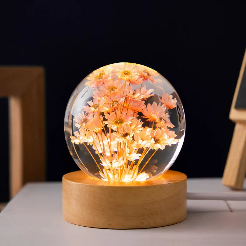 Luminous 3D dandelion crystal ball on beech wood stand with USB cable for desktop decoration