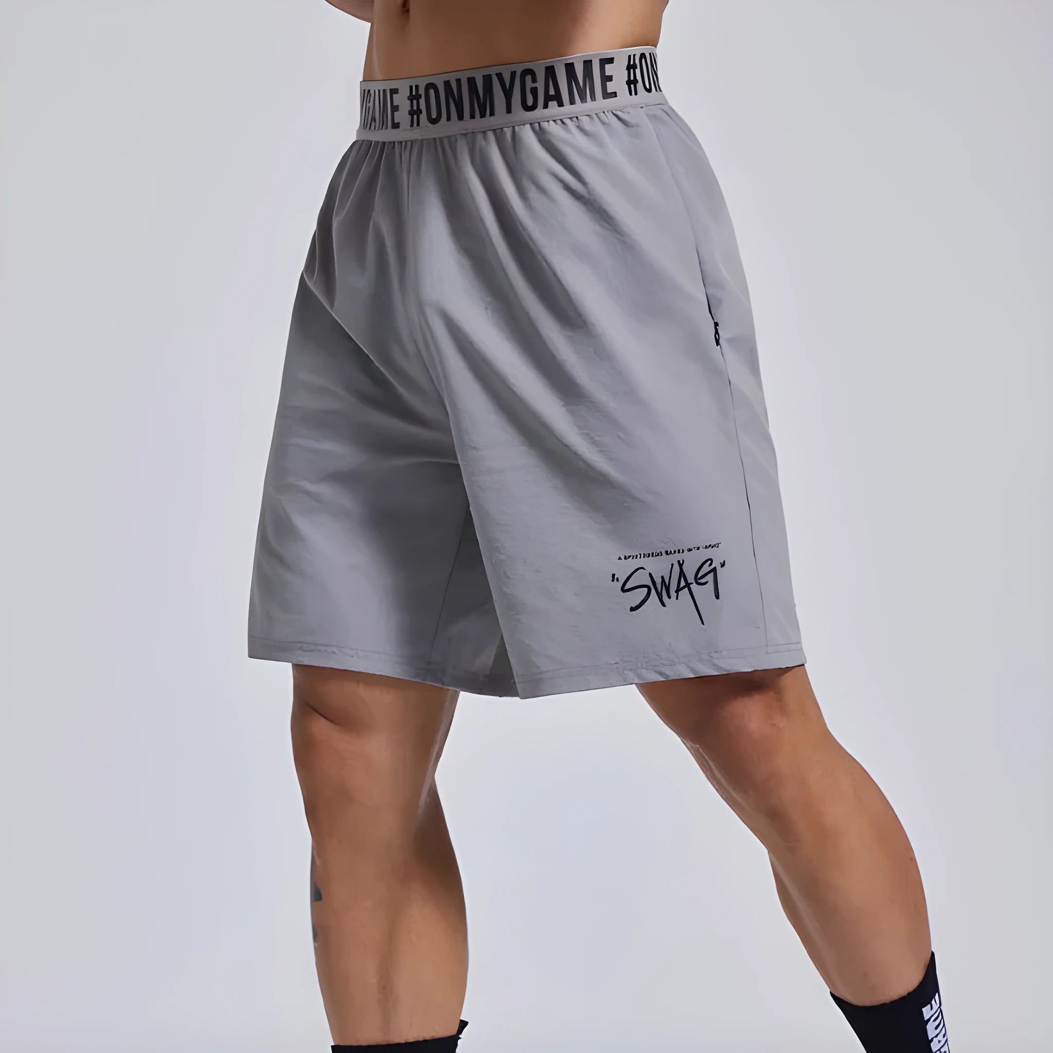 Men's loose sports shorts in black blue grey colours with elastic waist and letter detailing