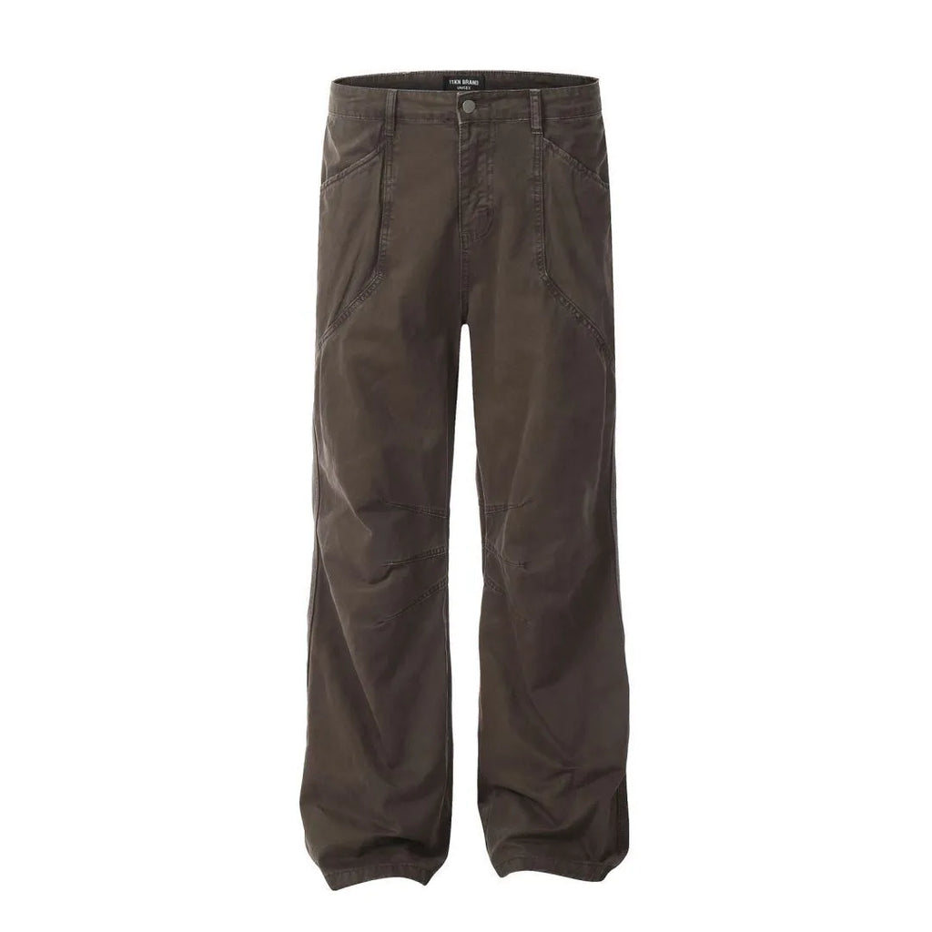 Men's straight-leg cotton trousers in brown colour with high-waist design and wide-leg style