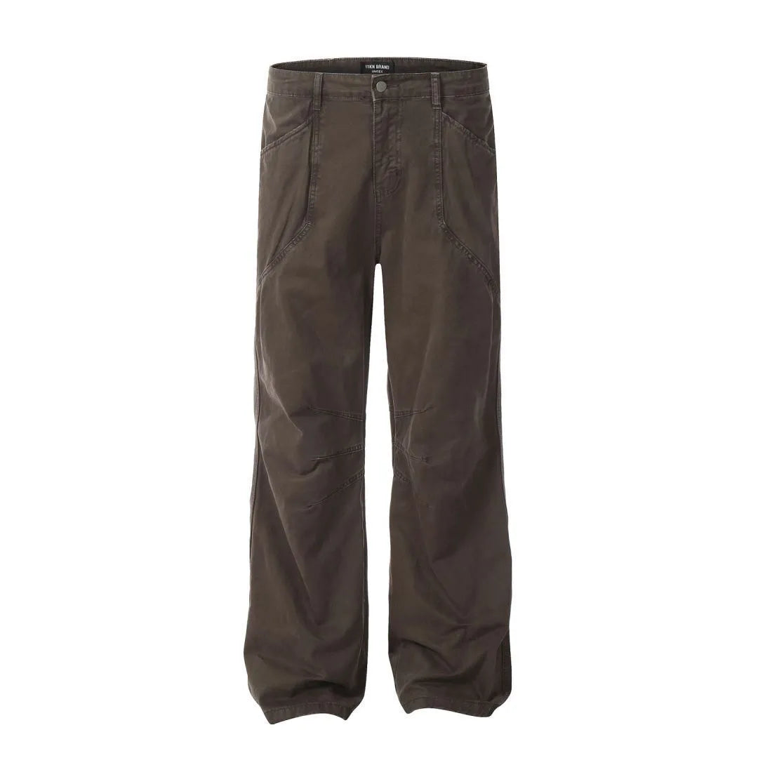 Men's straight-leg cotton trousers in brown colour with high-waist design and wide-leg style