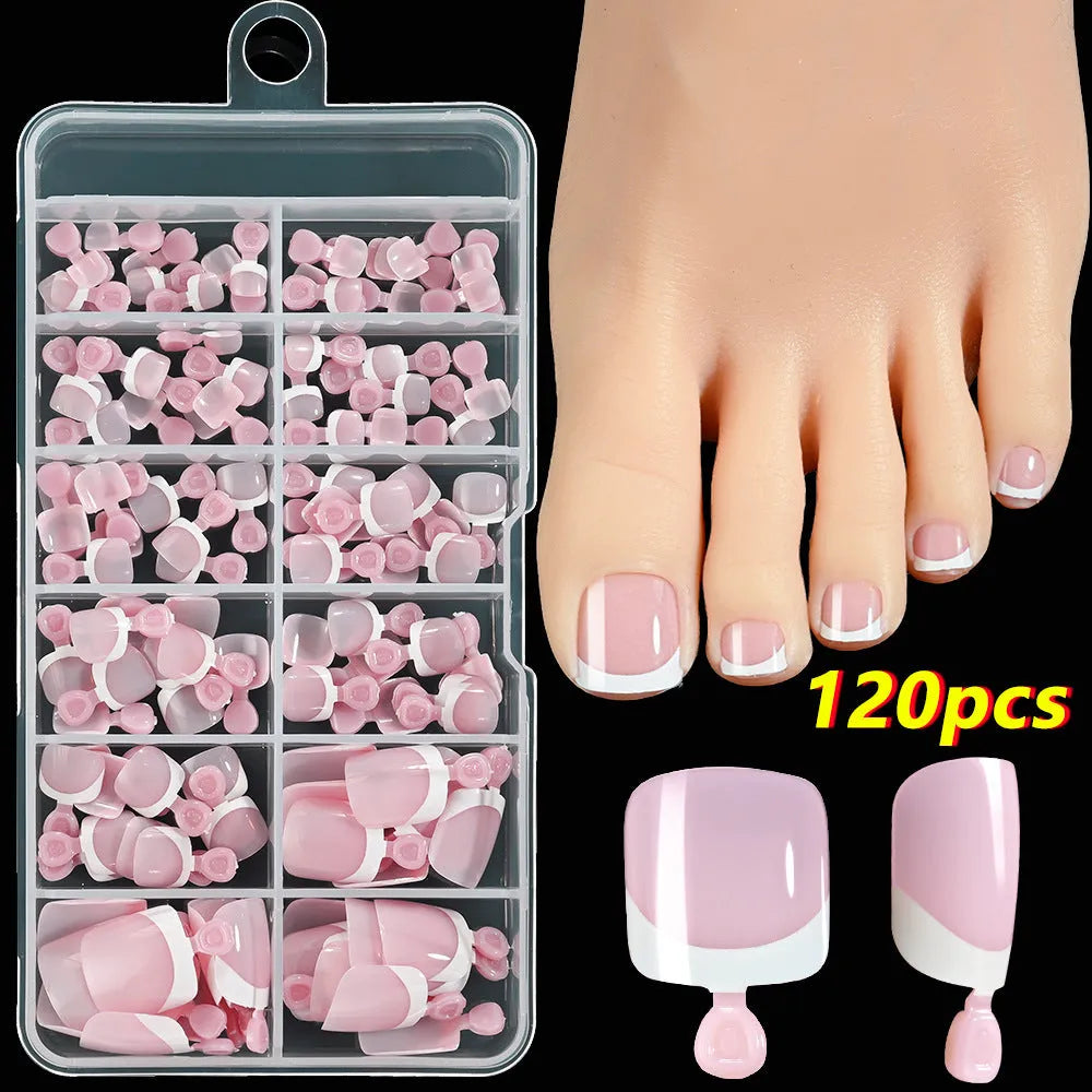120-piece box of full square short French white tip nude press-on toenails in assorted shades